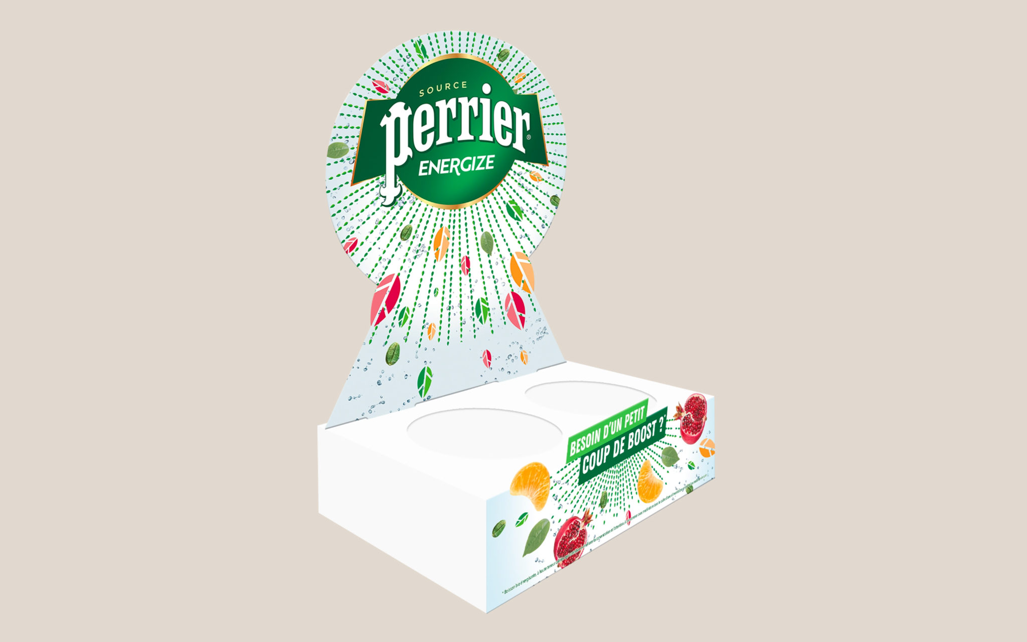 Branded Perrier Energize sampling counter at the French launch activation