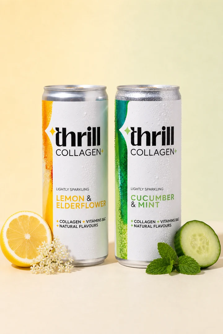 Official Thrill Collagen+ cans: Lemon & Elderflower and Cucumber & Mint